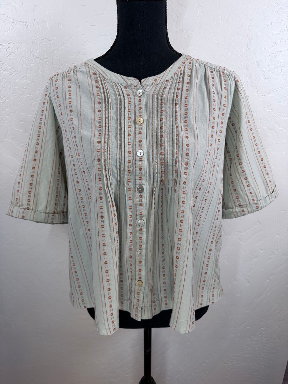 WRAP London Women’s US 10 Green Rust Stripe Cotton Pintuck Boho Button Blouse